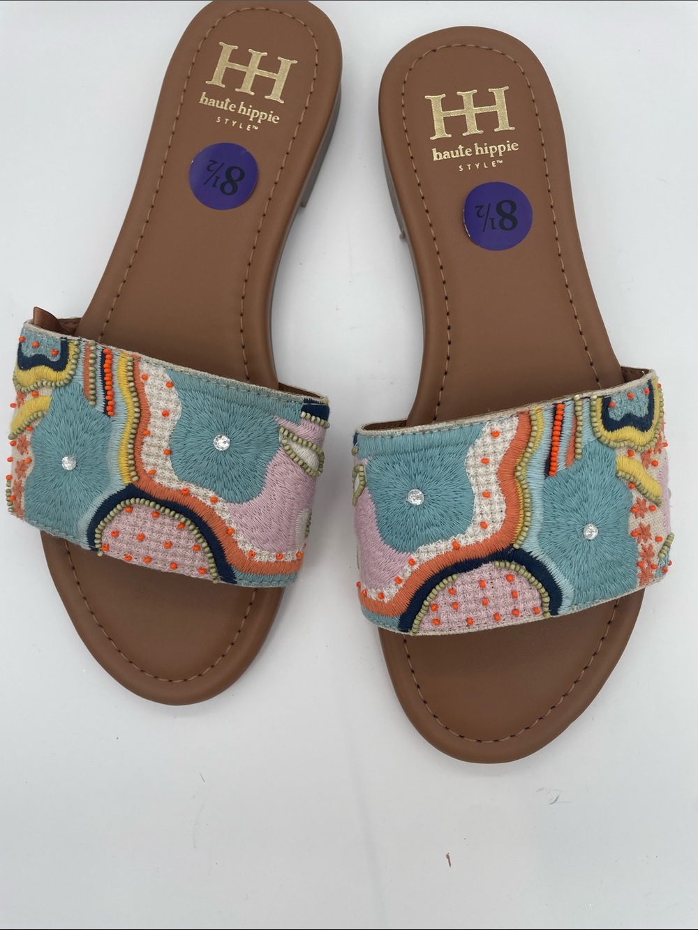 Haute Hippie Multicolor Embroidered Slide Sandals - Tan Footbed